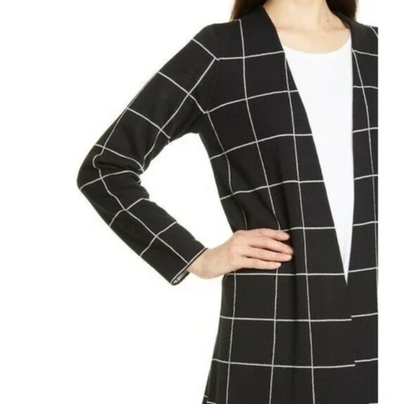 Eileen Fisher Wool Open Front Cardigan Sweater Black Windowpane Size Small - Picture 3 of 8